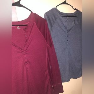 2 long sleeve shirts maroon and gray